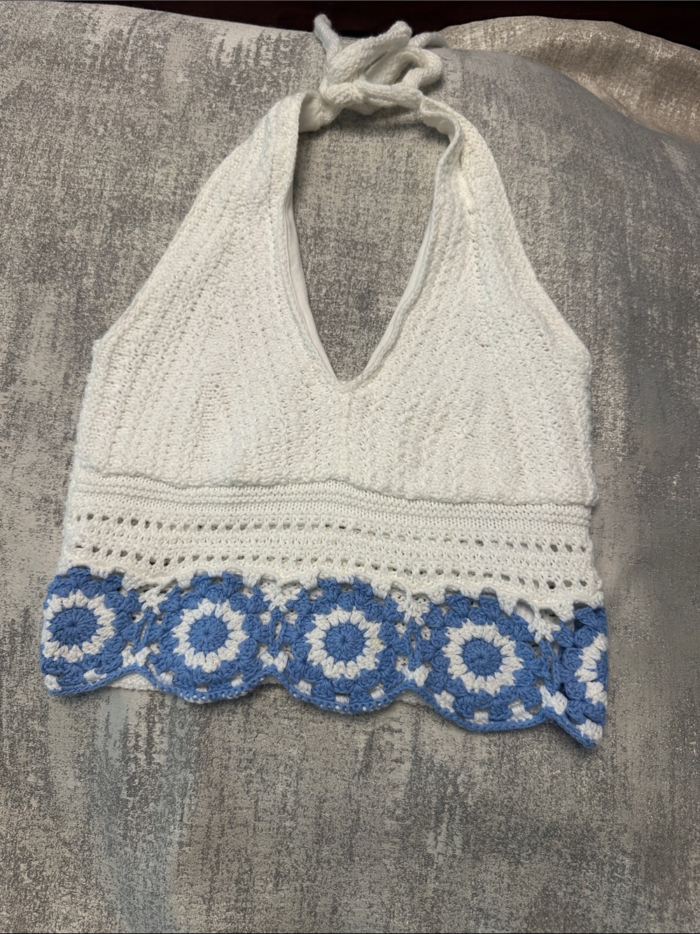 White Crochet Halter Tank with Blue Trim